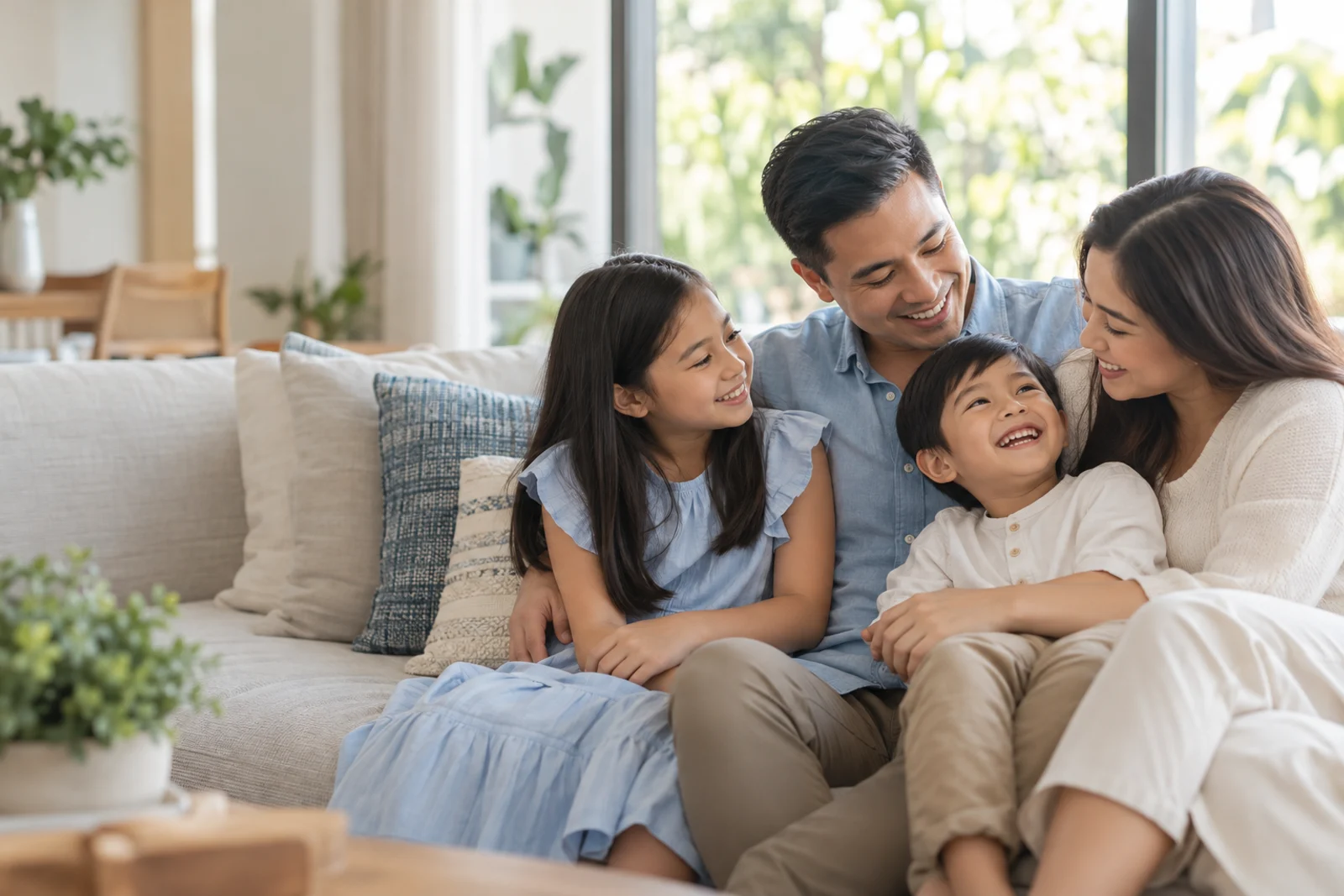 Illustrative Filipino family sharing a happy moment together at home