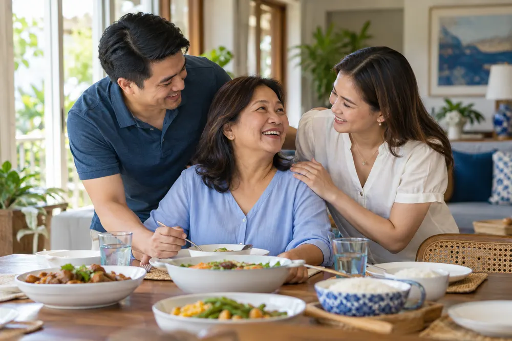 A Filipina mother spending time with her adult children