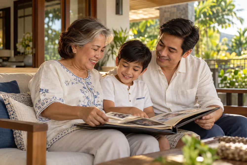 A Filipina grandmother sharing a family photo album with her son and grandson