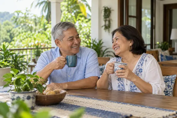A Filipino couple enjoying coffee on their veranda