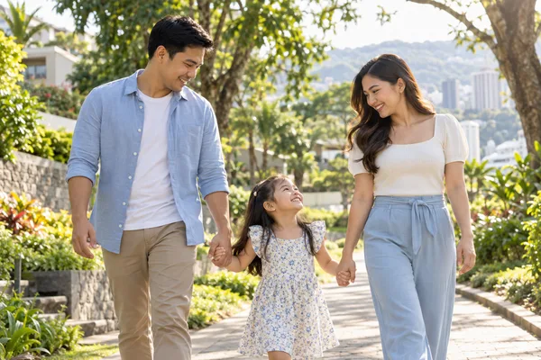 A Filipino couple walking with their daughter in a leafy park