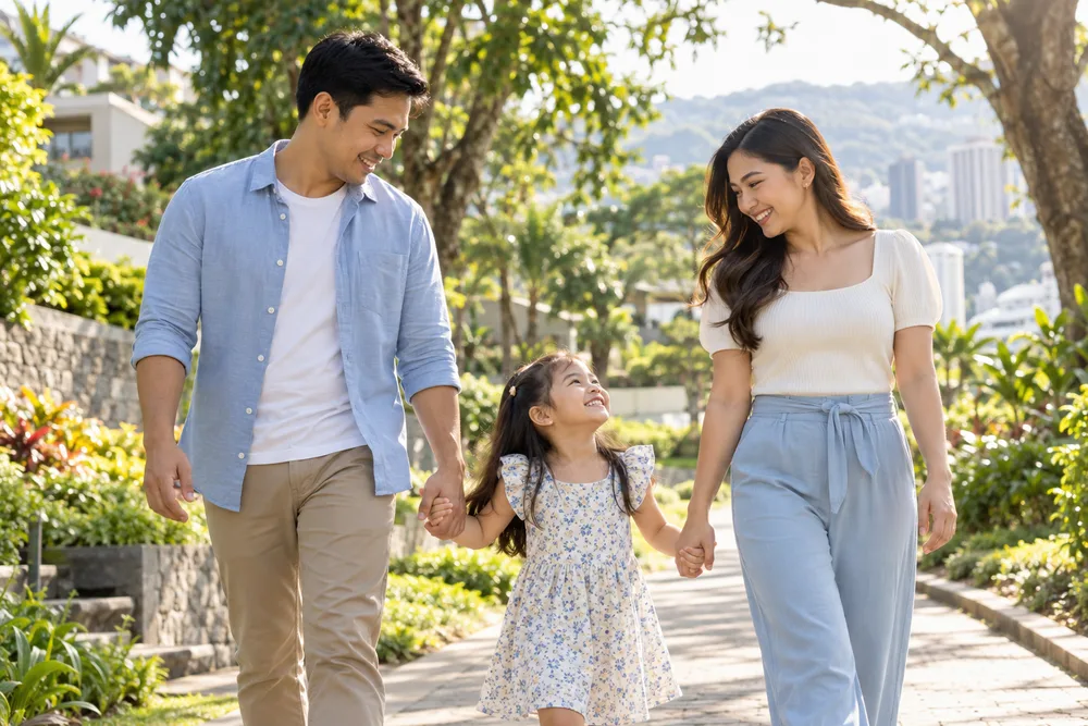 A Filipino couple walking with their daughter in a leafy park