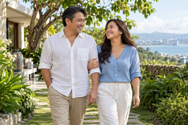 A Filipino couple enjoying a morning walk in a garden
