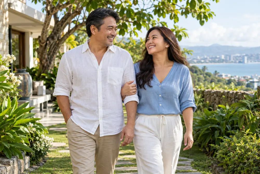 A Filipino couple enjoying a morning walk in a garden