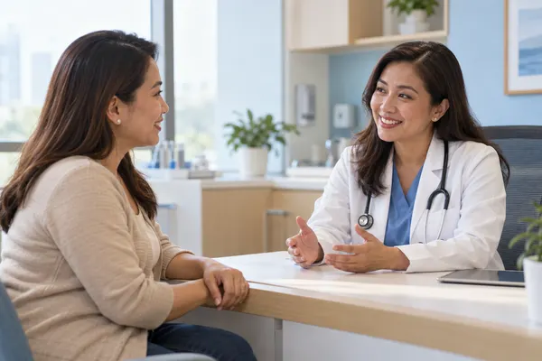 A Filipina talking with a doctor in a bright clinic